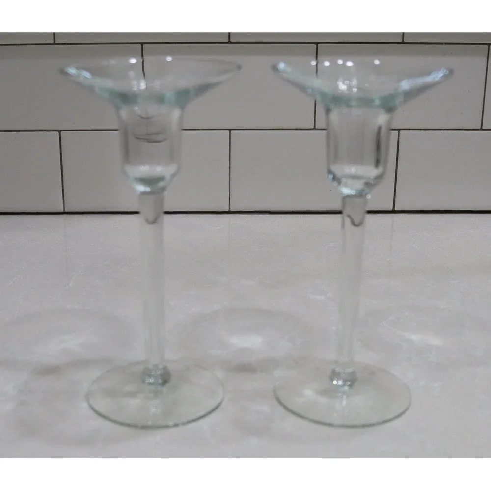 Pair Clear Hand Blown Glass Taper Candlestick Holders 6.75